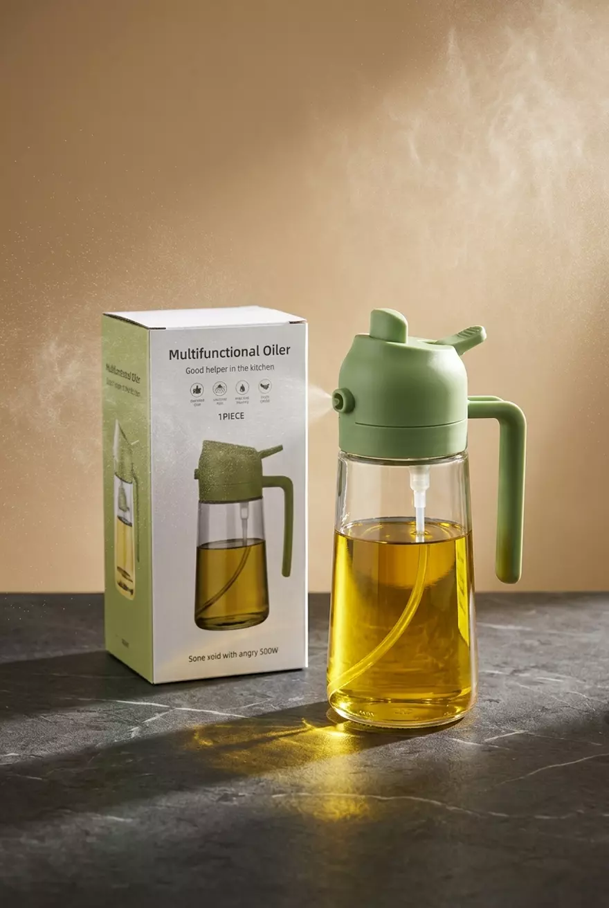 OmniMist 2-in-1 Glass Oil Sprayer with sage green cap and white Multifunctional Oiler packaging box