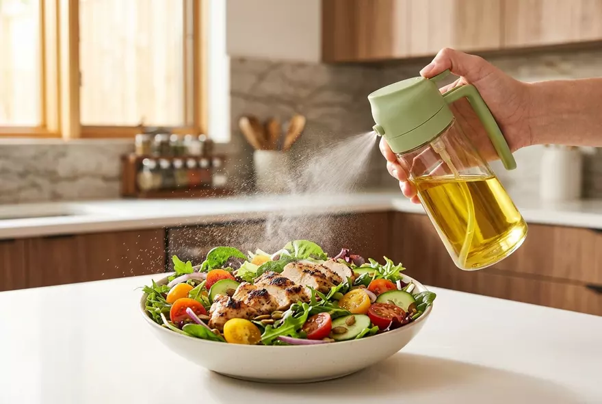 Fine oil mist sprayed onto a fresh chicken salad