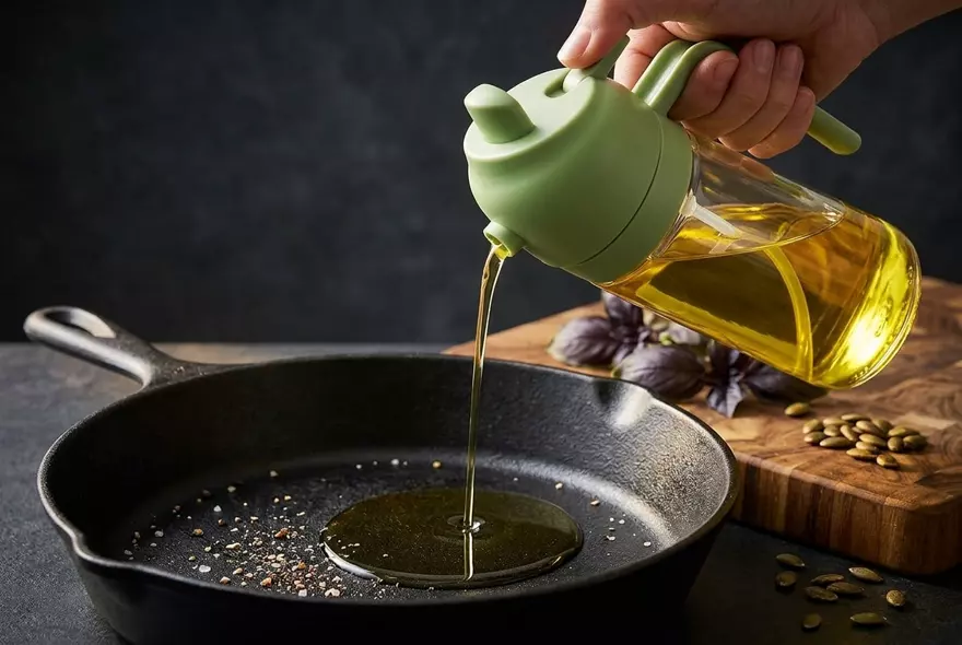 Oil pouring neatly from the spout into a cast iron pan